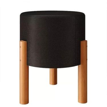 Imagem de Banqueta Baixa, Puff Redondo Tecido Linho Decorativo Pés Madeira Maciça Sala Quarto(Preto)