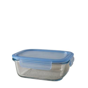 Imagem de Pote de Vidro Retangular com Tampa Hermética Azul, 370ml, Resistente a Temperatura, para Armazenamento de Alimentos, 15x11x5cm