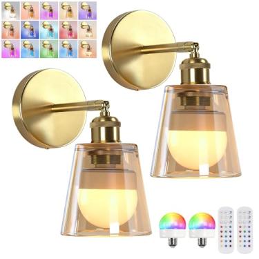 Imagem de Jaenmsa Arandela de parede vintage operada a bateria com abajur de vidro minimalista âmbar recarregável alimentado por bateria com controle remoto para cabeceira, quarto, banheiro, conjunto de 2