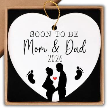 Imagem de Presentes de anúncio de gravidez logo para ser mãe e pai em 2026 enfeite de cerâmica de Natal sinal de lembrança placa de coração anúncio de bebê idéias presentes para nova mamãe pai