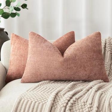 Imagem de Foindtower Pacote com 2 capas de almofada decorativas de chenille macias texturizadas quadradas sólidas capa de almofada lombar neutra para sofá, quarto, sala de estar, 30 x 50 cm, rosa empoeirado