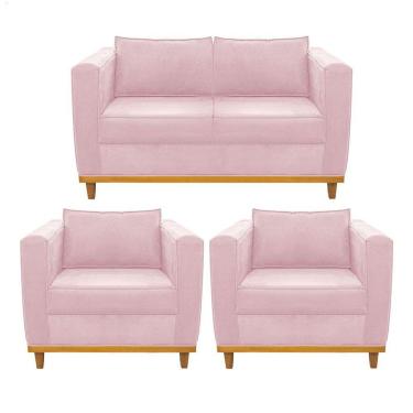 Imagem de Kit Sofá 2 Lugares 2 Poltronas Europa Suede Rosa Bebê