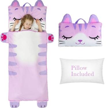 Imagem de Wizland Saco de dormir infantil com travesseiro, tapete de creche, flanela gatinho, tapetes de descanso pré-escolar, jardim de infância, fofo, quente, portátil, rosa, rolo de soneca grossa para