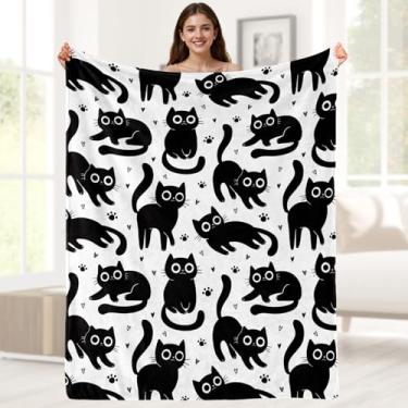 Imagem de Cobertor de presentes de gatos pretos para amantes de gatos, cobertor fofo para meninas, mulheres, animais da sorte, para Halloween, sofá-cama, cadeira, decoração de sala de estar, 127 x 152 cm