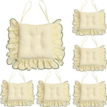Imagem de 6 Pack Cotton Ruffles Chair Cushion For Dining Chairs, 16IN Soft Comfortable Chair Pads With Ties Farmhouse Country Seat Cushion For Kitchen Chairs Office Chairs(C)