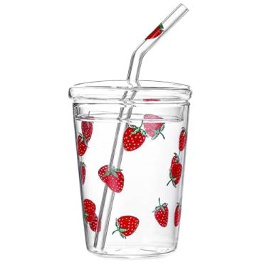 Imagem de Copo de vidro de 473 ml com padrão de morango, copo de bebida fria com canudo e tampa, copo de suco transparente resistente ao calor, copo bonito com design de frutas para bebidas