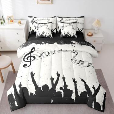 Imagem de Erosebridal Conjunto de edredom Queen com notas de pau, preto, bege, 7 peças, redemoinho, guitarra, piano, cama, em uma bolsa, para adultos, mulheres e homens