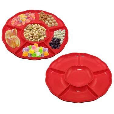 Imagem de CAOXIAOXUYAO Bandejas redondas de plástico de 30,5 cm com 2 unidades, 6 pratos secionais para servir pratos de comida para doces, nozes, vegetais, frutas, ação de graças (2, vermelho)