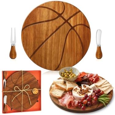 Imagem de Ziliny Conjunto de presente de tabuleiro de queijo de basquete, prêmios de lembrancinha de festa, tábua de madeira de charcutaria com facas e caixa, presente de dia dos pais para papai avô, festa de