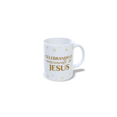 Imagem de Caneca Natalina de Cerâmica, Sagrada Família, Branca, 325ml, com Mensagem sobre o natal, e imagens de Jesus, Maria e José (23173)