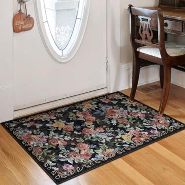Imagem de GERUIMO Tapete de área lavável à máquina de 5 x 7 cm para entrada, floral boho vintage, antiderrapante, tapete de lã sintética macia, adequado para crianças e animais de estimação, para quarto