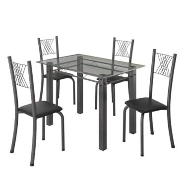 Imagem de Conjunto de Jantar Mesa 100x60cm Tampo de Vidro Incolor com 4 Cadeiras Preto/Prata