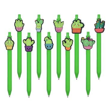 Imagem de YHSMFCL 10 canetas esferográficas retráteis de cacto fofas de 0,5 mm, tinta preta, kawaii, verde, planta, cacto, tema, caneta, escritório, escola, estudantes, artigos de papelaria, presente engraçado