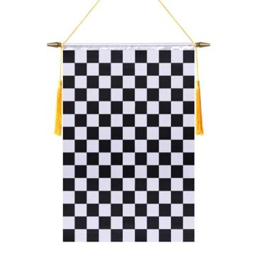 Imagem de TMHTMH Bandeira de parede de corrida de 45,7 x 30,5 cm, poste de madeira e acabamento acetinado duplo, bandeira de pendurar quadriculada preta e branca, para sala de casa, sala de aula escolar, clube