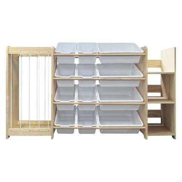 Imagem de Organizador de armazenamento de brinquedos 3 em 1, suporte para animais de pelúcia e estante de 3 camadas, organizador de brinquedos de madeira maciça com 12 caixas de armazenamento, prateleira de