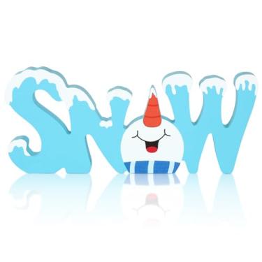 Imagem de Yewfold Decoração de mesa de inverno decorações de Natal de madeira de neve e boneco de neve azul para escritório mesa de escritório casa de fazenda prateleiras de cozinha decorativas (neve)