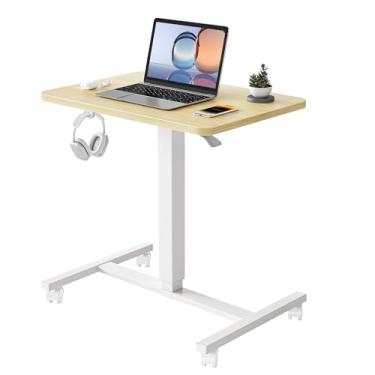 Imagem de YIHAYO Mesa móvel pequena de pé, 61 x 40,6 cm, altura ajustável, portátil, com rodas bloqueáveis, estação de trabalho de computador para escritório em casa com gancho, natural