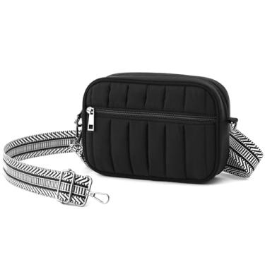 Imagem de BBORGDC Bolsa tiracolo acolchoada preta para mulheres, bolsa de telefone RFID com alça larga, design original para viagens e uso diário