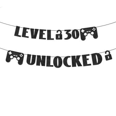 Imagem de Banner Desbloqueado de Nível 30, Decorações Festa Aniversário 30 Anos com Glitter Preto Pré-Enfiado para Suprimentos Festa Aniversário de 30 Anos