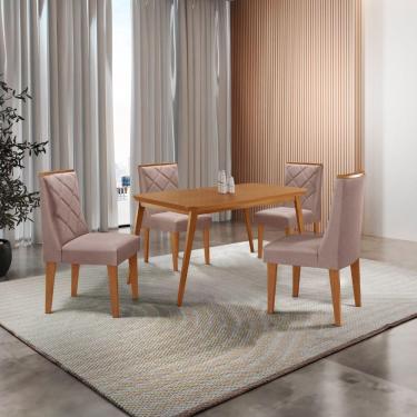 Imagem de Mesa De Jantar Copper 120cm Tampo Mdf 4 Cadeiras Moderna Linho Capuccino/naturale/naturale