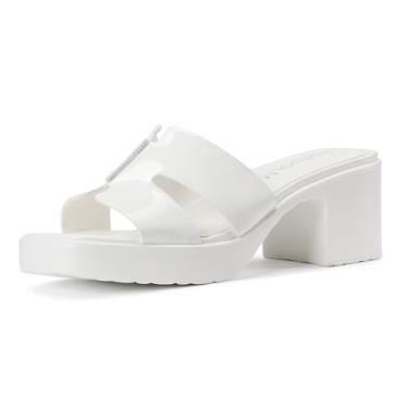 Imagem de HDEUOLM Sandálias femininas de salto plataforma grosso, bico quadrado, sem cadarço, casual, básico, clássico, salto de 6 cm, Branco, 40