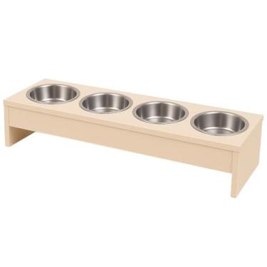 Imagem de Comedouro e Bebedouro Elevado para Cachorros e Gatos – MDF com 4 Tigelas de Inox, Pronto para Uso, Luxo e Sofisticação(Bege)