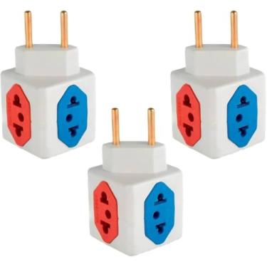 Imagem de Kit 3 Adaptador de Tomada Universal Cubo 3D, 4 Saídas 3x 10A e 1x 20A Pino Fino e Grosso T Benjamim Compatível com Padrão Novo e Antigo Colorido