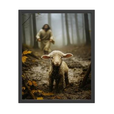Imagem de Impressão de arte de parede Jesus e Cordeiro, Jesus correndo após cordeiro perdido, decoração de parede para escritório cristão sala de estar (20 x 25 sem moldura)