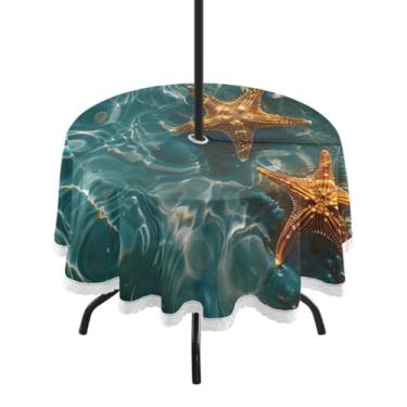 Imagem de Blueangle Toalha de mesa redonda de 152 cm à prova d'água com estrela do mar e coral com orifício para guarda-chuva - Tecido resistente à prova de sol para todos os climas para pátio, acampamento