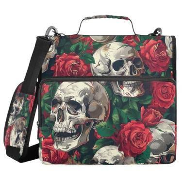Imagem de SEHANY Fichário com zíper de caveira e flor com alça de ombro, capacidade para 500 folhas, vários bolsos, fichário com 3 anéis e zíper de 3 anéis