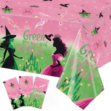 Imagem de Practice Star Pacote com 3 toalhas de mesa descartáveis de bruxa rosa e verde para decorações de festa rosa e verde, 187 x 108 cm
