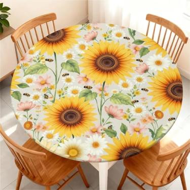 Imagem de Yesad Toalha de mesa redonda com borda elástica para mesa redonda de até 124,5 a 132 cm, capa de mesa impermeável para acampamento, interior, exterior, férias, verão, girassol