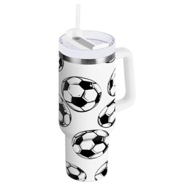 Imagem de STAYTOP Copo de futebol esportivo de 1,134 g com tampa e canudo, copo isolado de aço inoxidável durável à prova de vazamento com alça, garrafas de água à prova de derramamento para viagens