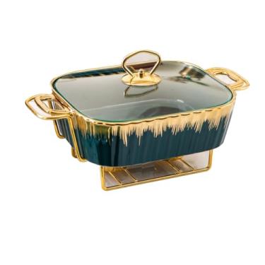 Imagem de FAFACAI Elegante conjunto de buffet de cerâmica para festas, durável e elegante, buffet retangular sob o vidrado conjunto de copos dourados com tampa transparente e suporte de combustível, preto, 28