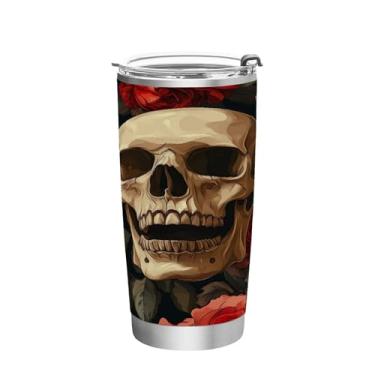 Imagem de STAYTOP Copo de aço inoxidável de caveira rosa Halloween 590 ml, copo de café isolado com tampa e canudo, caneca de café de viagem de parede dupla para bebidas quentes e frias