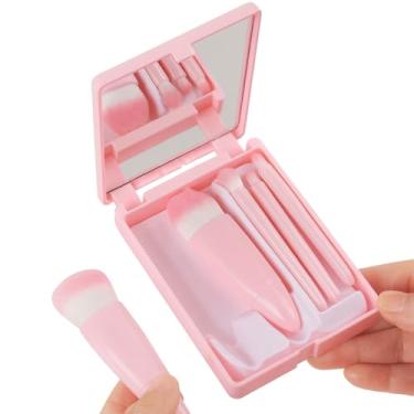 Imagem de Kit de Pincéis de Maquiagem com 5 Peças Estojo Portátil com Espelho Design Compacto Para Uso Profissional e Diário (Rosa Claro)