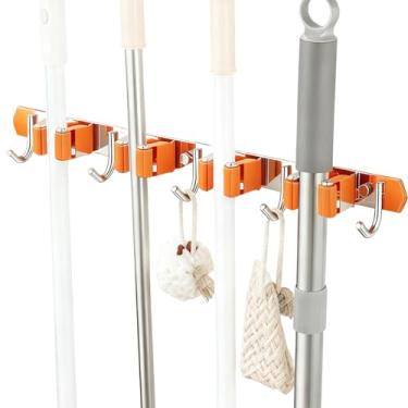 Imagem de Saihisday Suporte de parede para vassoura e esfregão de aço inoxidável, rack utilitário de 48 cm com 4 prateleiras e 5 ganchos para cozinha, jardim, lavanderia e garagem (cor laranja)