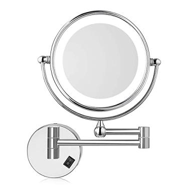 Imagem de YYBOES Espelho de maquiagem para montagem na parede de 20 cm com ampliação de 3x, espelho giratório de 360 graus com iluminação LED dupla face espelho de banheiro extensão de cosméticos acabamento