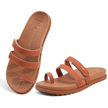 Imagem de KuaiLu Sandálias femininas deslizantes com fascite plantar suporte de arco moderno confortável sandálias planas ajustáveis femininas leves ortopédicas sem cadarço, Bronzeado, 40