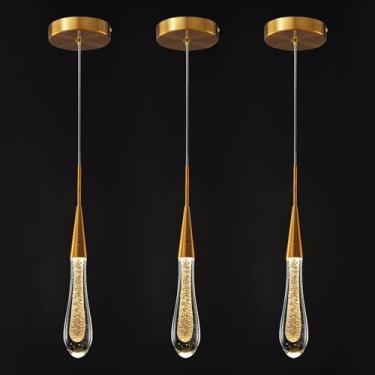 Imagem de Luminária de teto LED moderna dourada com intensidade regulável, mini luminária pendente de cristal em formato de lágrima para cozinha, ilha, quarto, corredor ou hall de entrada (pacote com