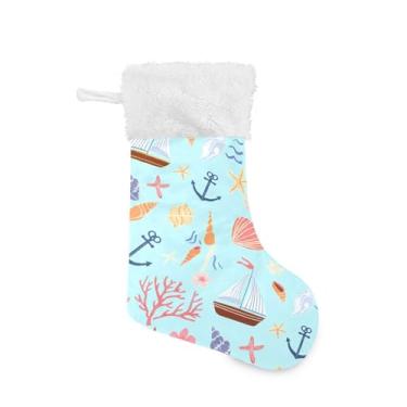 Imagem de Wassud Meia de Natal fofa com manguito branco veleiros conchas 45,7 cm grande meias de Natal para decoração de lareira e cornija pacote com 2