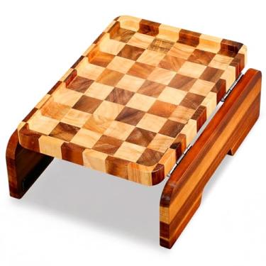 Imagem de Kathfly Bandeja de suporte de sofá de acácia com braço de sofá com tabuleiro de damas 35 x 24 cm, bandeja com clipe para sofás, mesa dobrável com dobradiça dupla, para comer, bebidas, controles