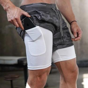 Imagem de Short Masculino Fitnes 2x1 Bolso Oculto Celular Bermuda Compressão Tér