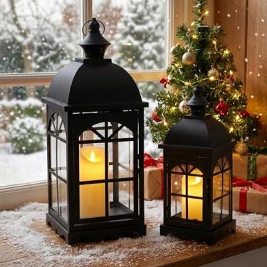 Imagem de TRIROCKS Conjunto de 2 lanternas decorativas vintage de 36,8 cm e 50,8 cm H para pendurar ao ar livre com vidro temperado para varanda, varanda, pátio, casa, centros de mesa, interior, exterior (preto
