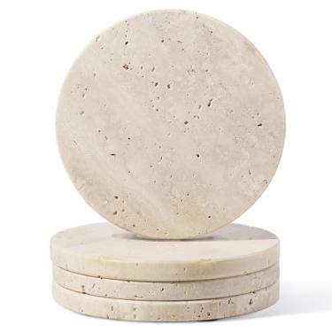 Imagem de Koville Porta-copos de travertino, porta-copos de mármore, conjunto de 4 para bebidas, conjunto de porta-copos de pedra redonda de 10 cm, resistente ao calor, porta-copos modernos decorativos para