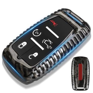 Imagem de Capa de chaveiro compatível com Dodge Ram 1500 2500 3500 TRX Limited Rebel Bighorn Lonestar Laramie 3 4 5 6 botões, capa de chave preta de fibra de carbono forjada genuína, com chaveiro