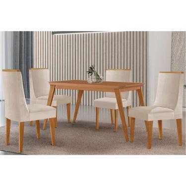 Imagem de Sala Jantar Mesa Havana Tampo Curvo 120cm+4 Cadeiras Dakota Madeira Naturale - Capuccino/Suede Creme - Rufato