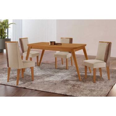 Imagem de Sala Jantar Mesa Havana Tampo Curvo 120cm+4 Cadeiras Tilia Madeira Naturale - Capuccino/Suede Creme - Rufato