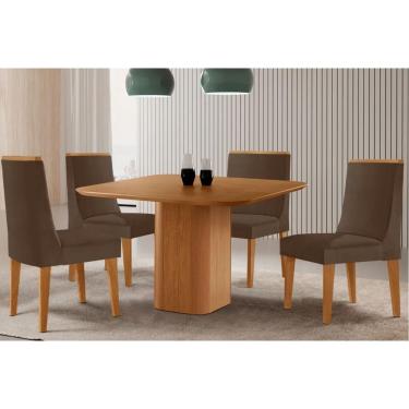 Imagem de Sala Jantar Mesa Maldivas Tampo Curvo 90cm+4 Cadeiras Dakota Madeira Naturale - Capuccino/Suede Marrom - Rufato