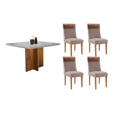 Imagem de Sala Jantar Mesa Berlim Tampo c/ Vidro Curvo 90cm+4 Cadeiras Jaspe Madeira Naturale/Off White - Capuccino/Linho Capuccino - Rufato